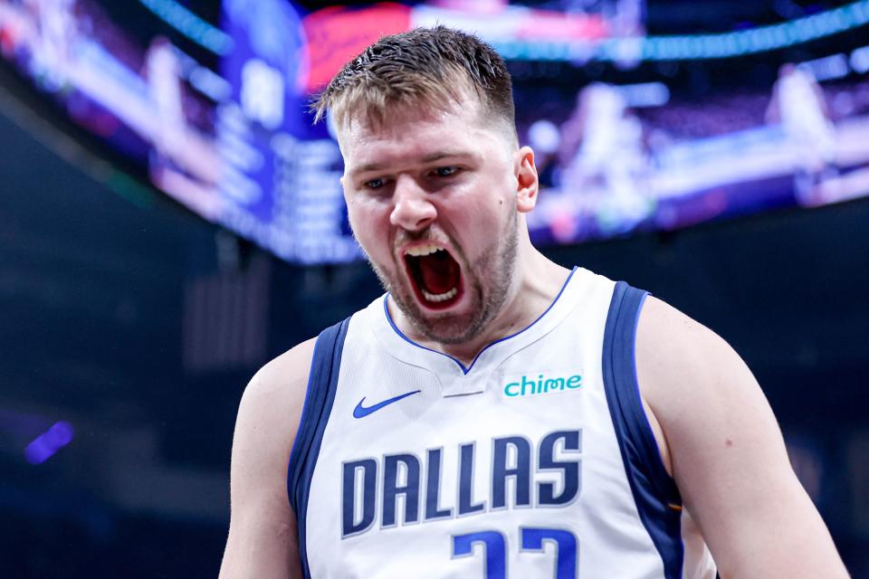 Dallas guard Luka Doncic (77) yells after getting fouled in the fourth quarter during Game 5 of the Western Conference semifinals between the Oklahoma Thunder and the Dallas Mavericks at the Paycom Center in Oklahoma City, on Wednesday, May 15, 2024.