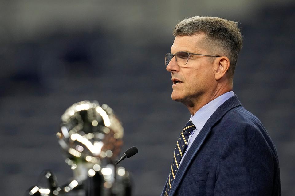 Michigan coach Jim Harbaugh speaks during Big Ten media days on Thursday, July 27, 2023, in Indianapolis.