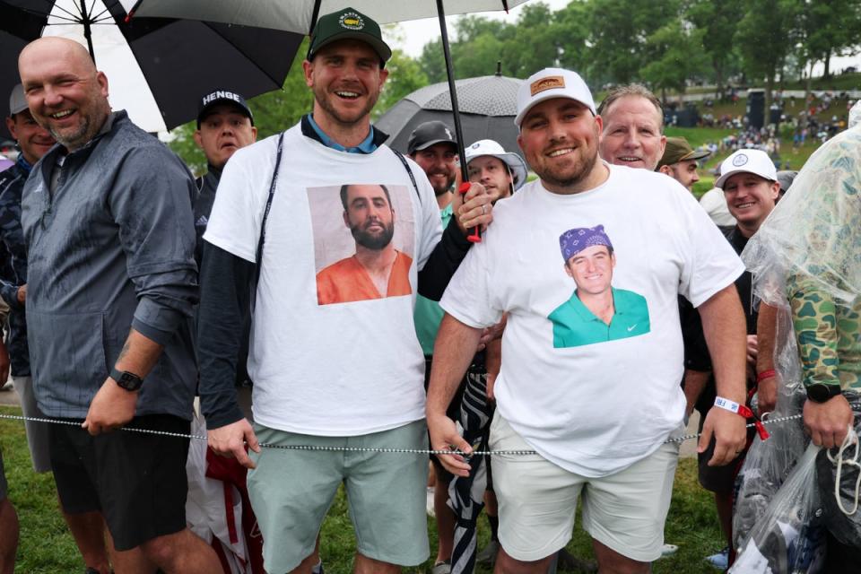 Fans wear shirts of Scottie Scheffler in his mugshot during second round of the 2024 PGA Championship at Valhalla Golf Club on May 17, 2024 (Getty Images)