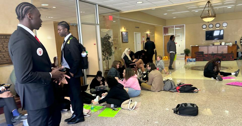 For The People organizer Malick Diallo, left, and others held a sit-in at WKU’s Wetherby Administration Building ahead of a speech by Kyle Rittenhouse on Wednesday, March 27, 2024.