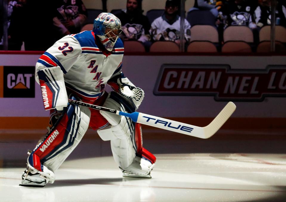 Nov 22, 2023; Pittsburgh, Pennsylvania, USA; New York Rangers goaltender Jonathan Quick (32) takes the ice to play the Pittsburgh Penguins at PPG Paints Arena. The Rangers won 1-0.