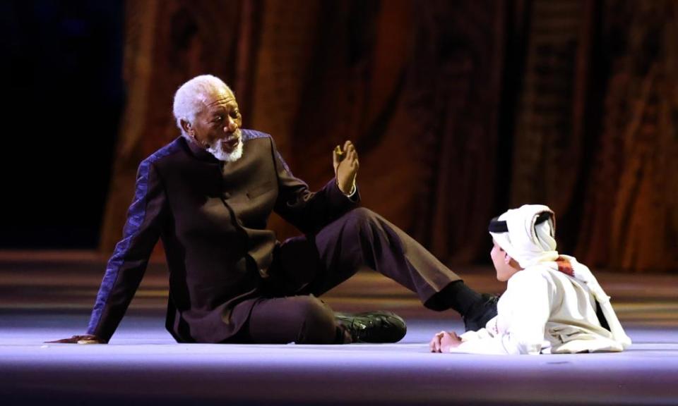 Actor Morgan Freeman and World Cup ambassador Ghanim al-Muftah during the opening ceremony