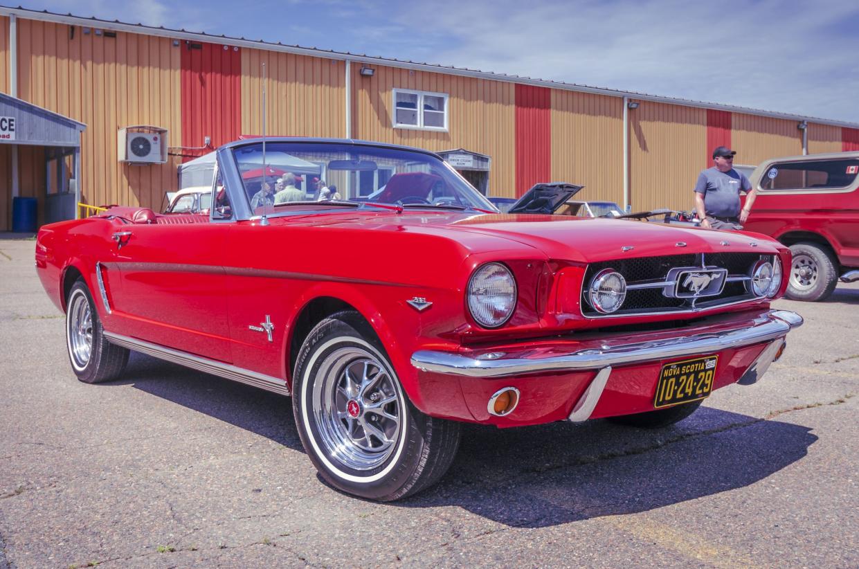 Brookfield, Nova Scotia, Canada - July 20, 2019 : Classic 1965 Ford Mustang convertible at Brookfield Homecoming Classic Car Cruise In.