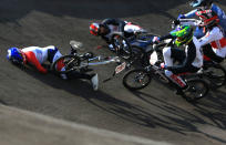 Joris Daudet (L) of France goes to ground as the pack crash during the Men's BMX Cycling Quarter Finals on Day 13 of the London 2012 Olympic Games at BMX Track on August 9, 2012 in London, England. (Getty Images)