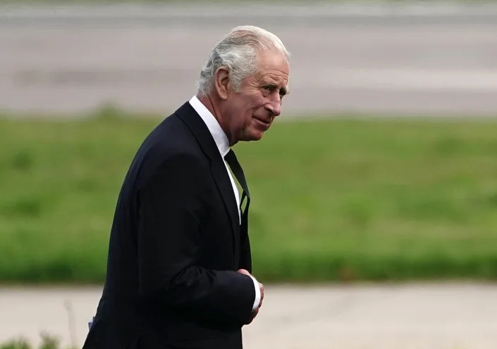 King Charles III at Aberdeen Airport as he travels to London with the Queen following the death of Queen Elizabeth II on Thursday. Picture date: Friday September 9, 2022.