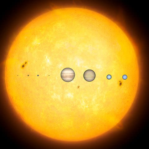 <p>Getty</p> Comparison showing the relative sizes of the Solar System planets and the Sun