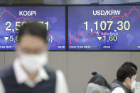 The screens showing the Korea Composite Stock Price Index (KOSPI), left, and the foreign exchange rate between U.S. dollar and South Korean won are seen at the foreign exchange dealing room in Seoul, South Korea, Thursday, Nov. 26, 2020. Asian shares were mixed Thursday, after Wall Street took a pause from the optimism underlined in a record-setting climb earlier in the week. (AP Photo/Lee Jin-man)