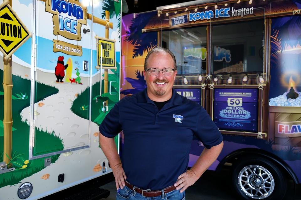 Tony Lamb, CEO of Kona Ice, with the company's crafted gourmet shaved ice truck at their headquarters in Florence, Ky. The crafted truck is geared toward adults. Flavors include Irish coffee, bourbon black cherry vanilla and peach ghost pepper.