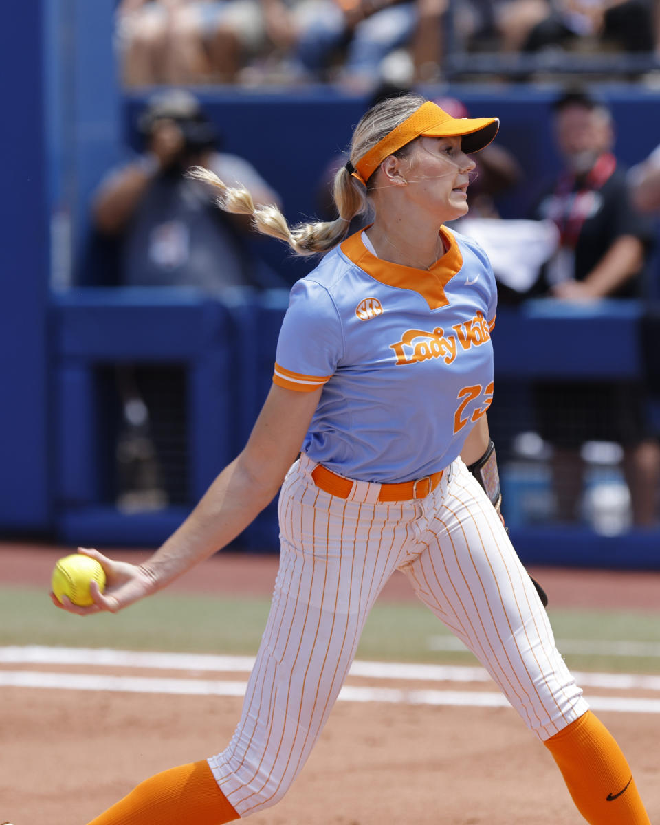 Tennessee's Karlyn Pickens pitches against Oklahoma during the first inning of an NCAA softball Women's College World Series game Saturday, June 3, 2023, in Oklahoma City. (AP Photo/Nate Billings)