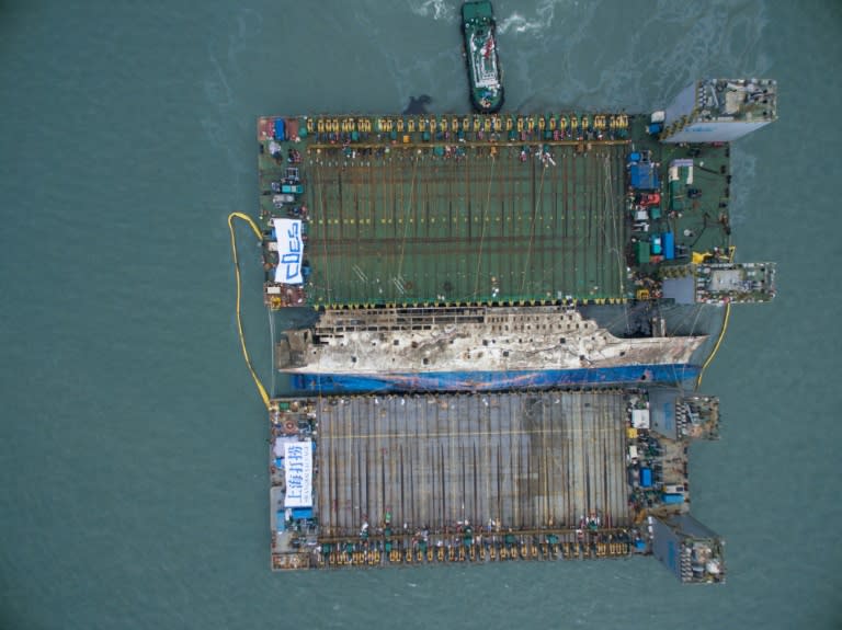 An aerial view of the Sewol ferry salvage operation off the coast of South Korea's southern island of Jindo on March 24, 2017