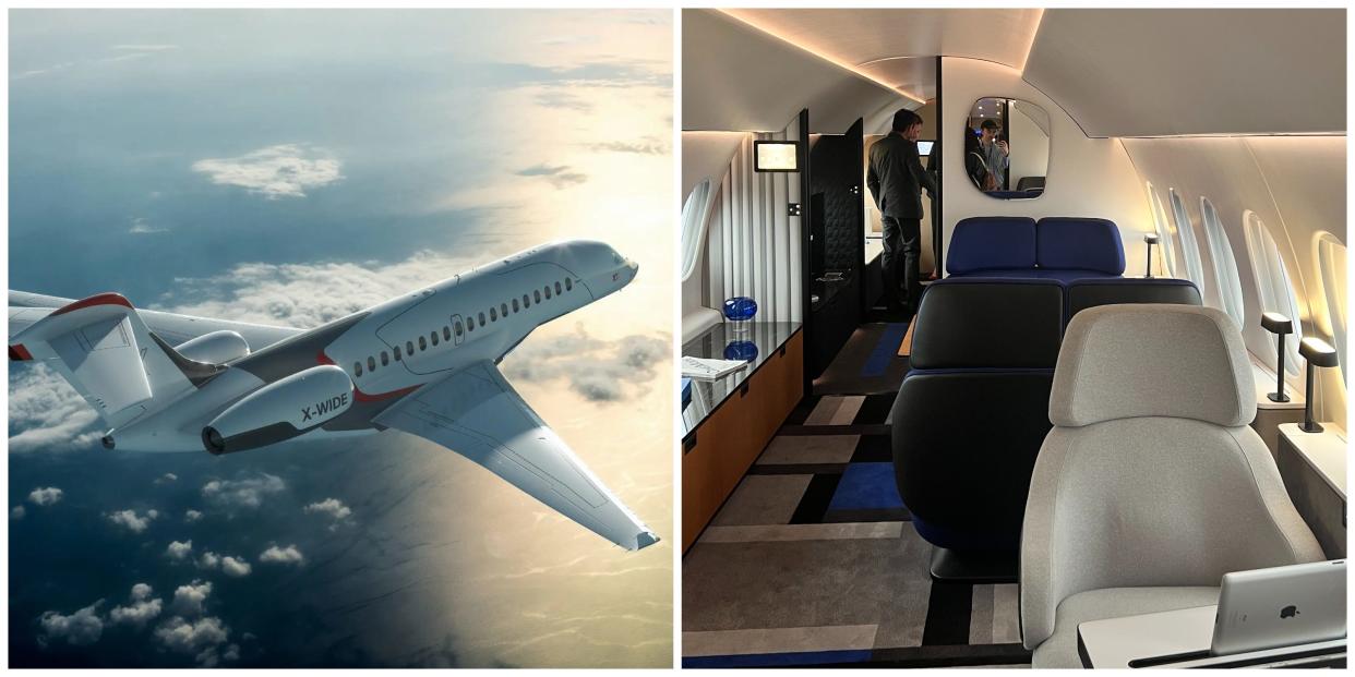 A rendering of the Dassault Falcon 10X in flight, and a photo of the seating area onboard a cabin tour.