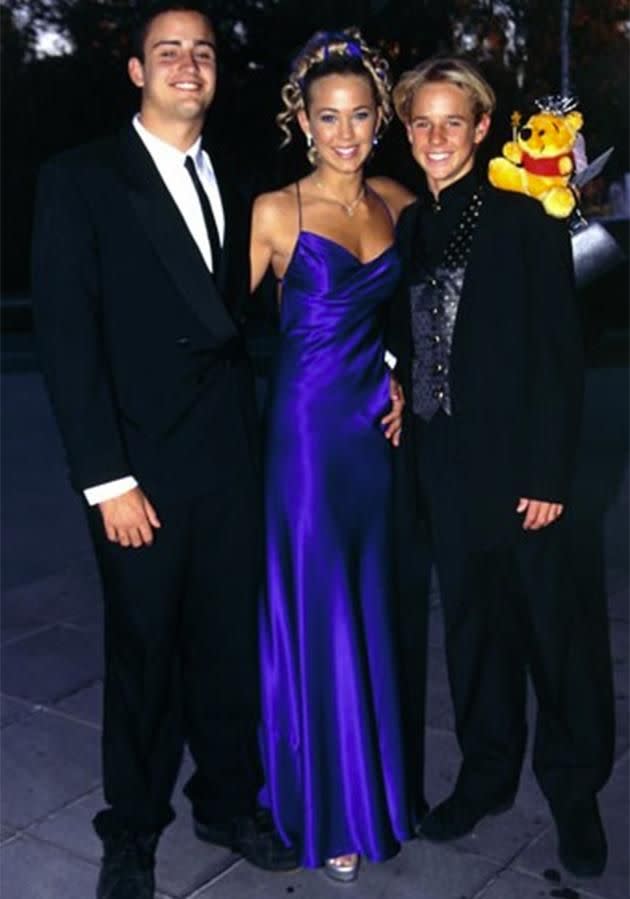 Bec's perfect purple dress the night of the 1999 Logies with Zac Drayson (left) and Ryan Clark. Photo Supplied