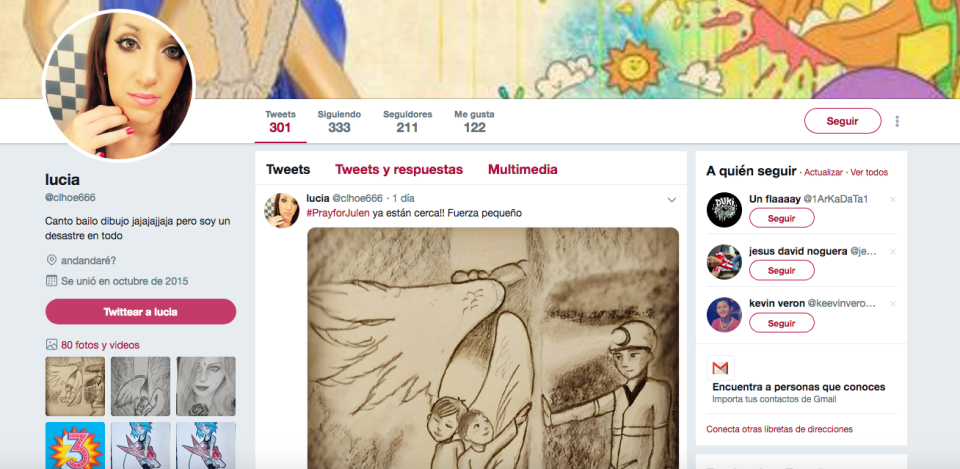 Lucía, @clhoe666 en Twitter, ha mostrado su apoyo a Julen y su familia con dos dibujos en los que el pequeño aparece protegido por un ángel, su hemano. (Foto: Captura del perfil de Lucía / @clhoe666)