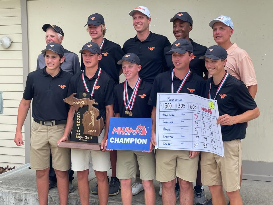 The Northville boys golf team poses after winning the MHSAA Division 1 state championship on Saturday, June 10, 2023, in Allendale.
