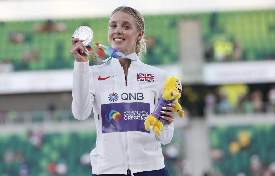 Keely Hodgkinson of Great Britain celebrates her silver medal (EPA)