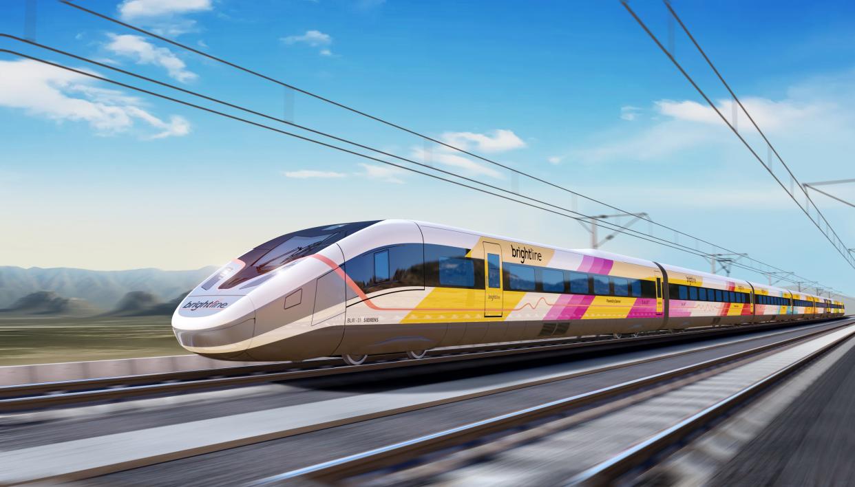 A rendering of the “American Pioneer 220” train set that will be built for the Brightline West high-speed rail project connecting Las Vegas and Southern California. Service is expected to start in 2028.