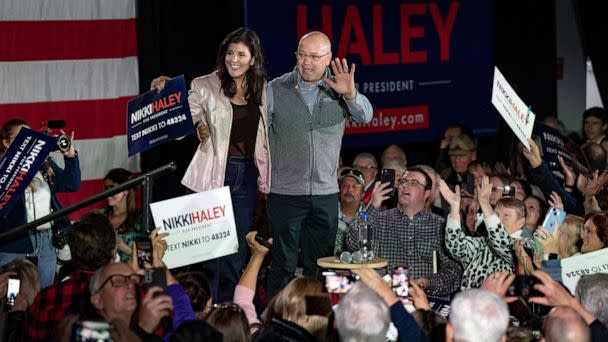PHOTO: In this March 13, 2023, file photo, Nikki Haley, who officially announced her candidacy from the Republican Party in the 2024 presidential elections, waves with her husband Michael Haley after a campaign event in South Carolina. (Anadolu Agency via Getty Images, FILE)