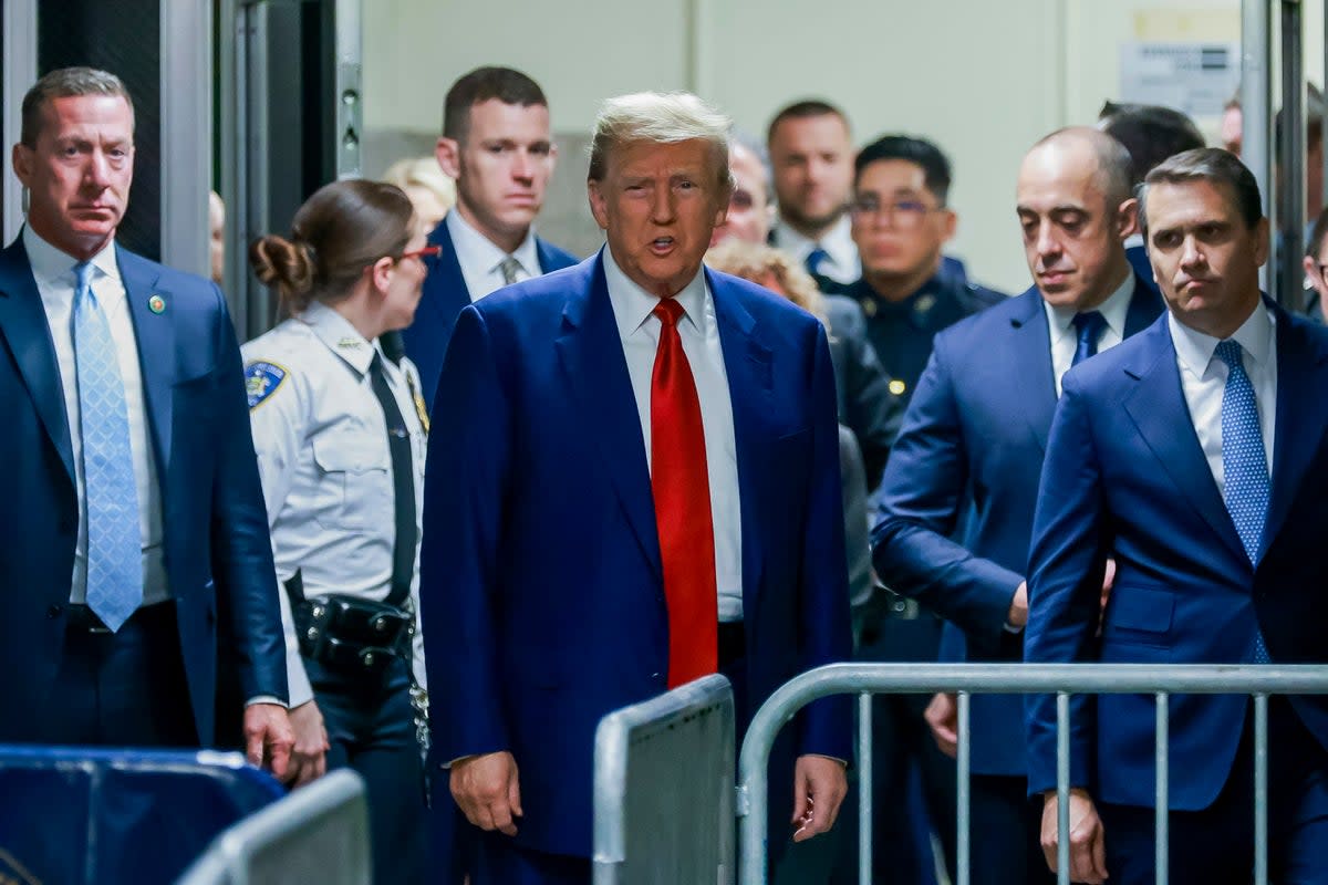 Former president Donald Trump arrives at New York Criminal Court on Monday (Justin Lane/AP)