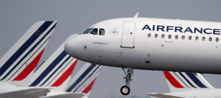 FILE PHOTO: An Air France Airbus A321 airplane lands at Charles de Gaulle airport in Roissy, near Paris, France, May 9, 2018. REUTERS/Christian Hartmann/File Photo