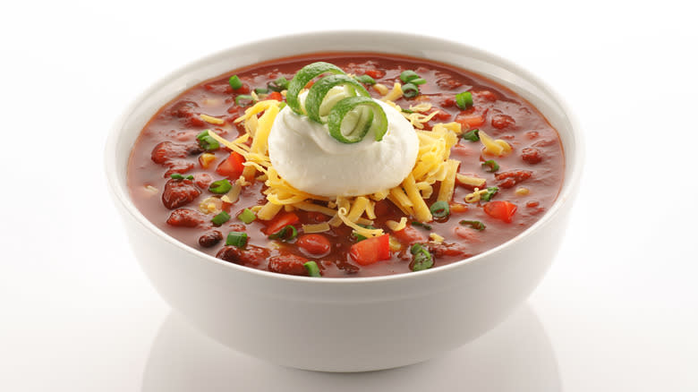 Bowl of chili with toppings