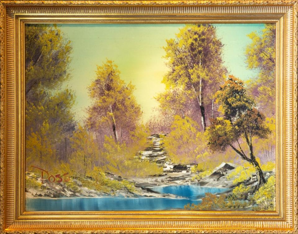 "A Walk in the Woods" was painted and signed on air by Bob Ross in 1983 on the first episode of his PBS show "The Joy of Painting."