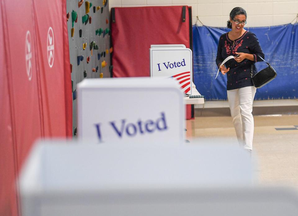 Wanda Walton votes at Concrete Precinct in Powdersville, during State primaries in Anderson County, S.C. Tuesday, June 14, 2022.