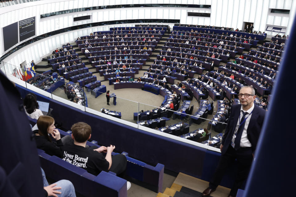 Parliament members attend a session at the European Parliament, Tuesday, April 23, 2024 in Strasbourg, eastern France. (AP Photo/Jean-Francois Badias)