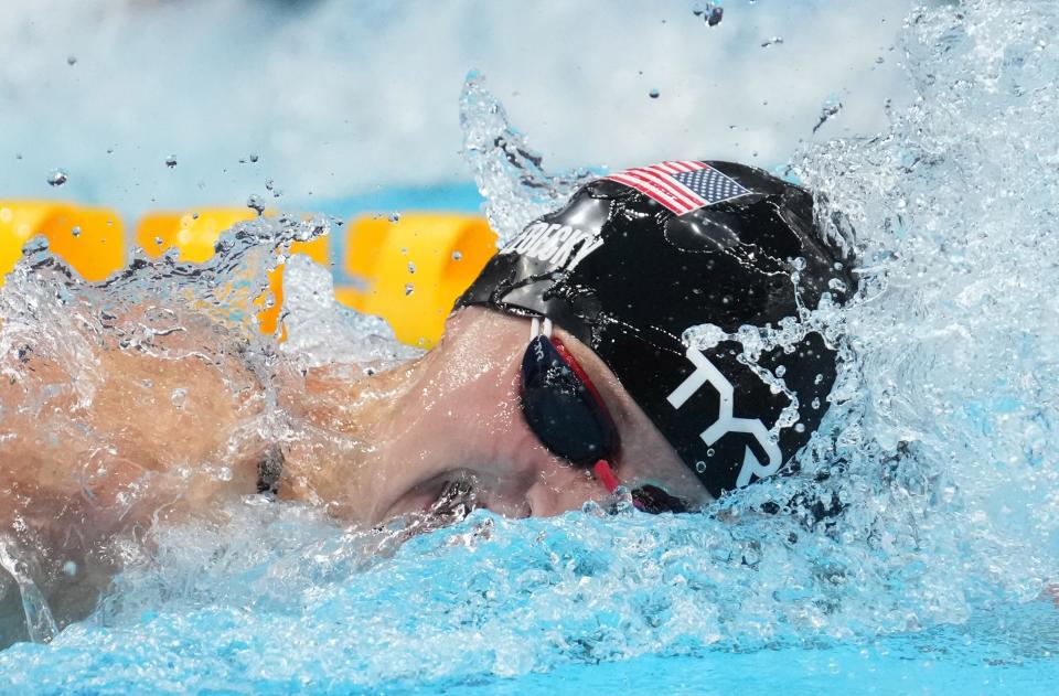 Katie Ledecky races in the women's 400-meter freestyle final during the Tokyo 2020 Olympic Summer Games at Tokyo Aquatics Centre.