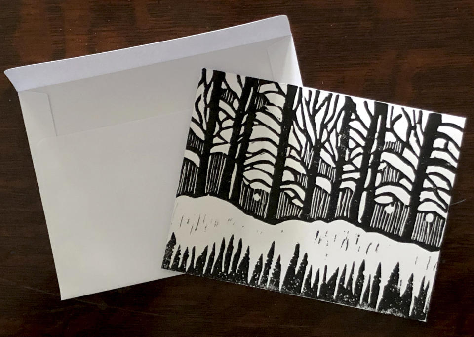 This image provided by Christopher Paul Stevens shows a block-print technique handmade holiday card. Handmade holiday cards can be gifts in themselves for both maker and receiver. They're a way to express creativity and connection. And gathering to make them can be a nice social activity. (Christopher Paul Stevens via AP)