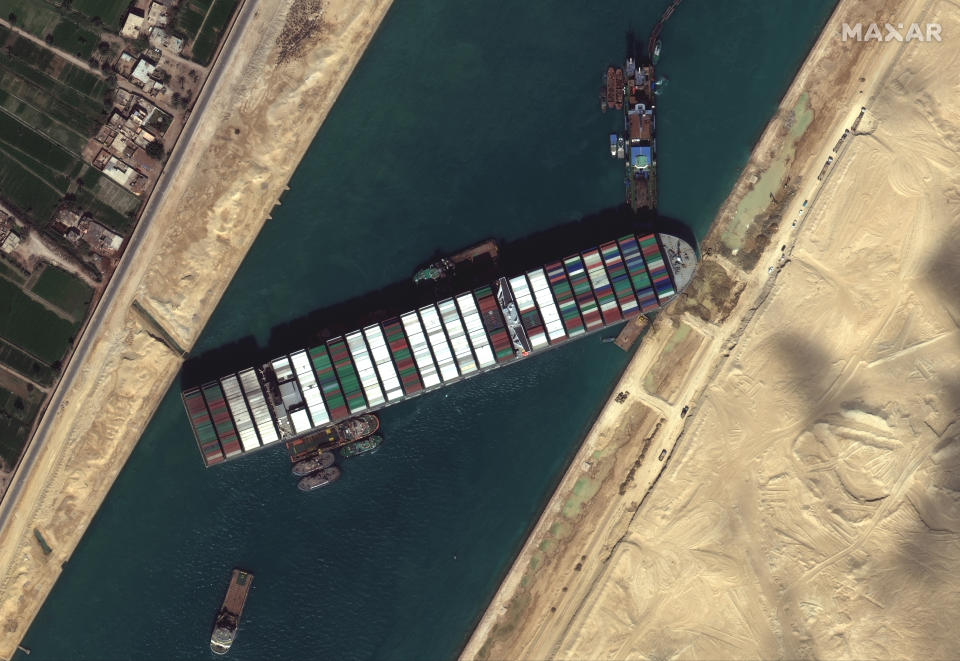 STUCK SHIP EVER GIVEN, SUEZ CANAL -- MARCH 27, 2021:  Maxars WorldView-3 collected new high-resolution satellite imagery of the Suez canal and the container ship (EVER GIVEN) that remains stuck in the canal north of the city of Suez, Egypt.  Please use: Satellite image (c) 2020 Maxar Technologies.