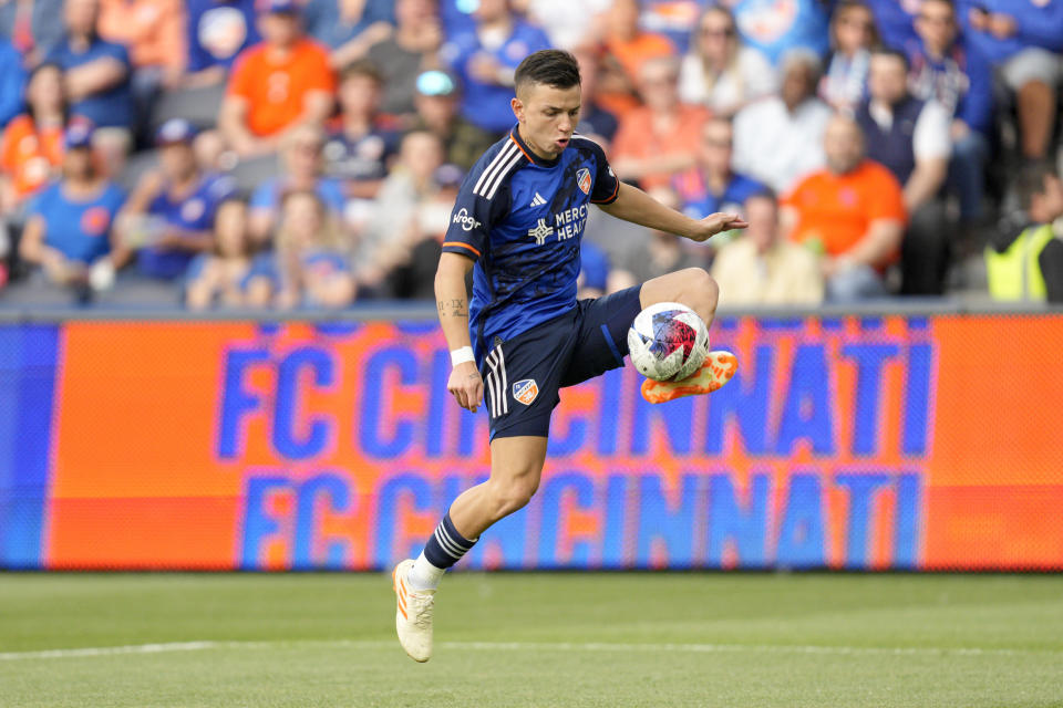 FC Cincinnati midfielder Álvaro Barreal controls the ball during the first half of an MLS soccer match against CF Montreal Wednesday, May 17, 2023, in Cincinnati. (AP Photo/Jeff Dean)