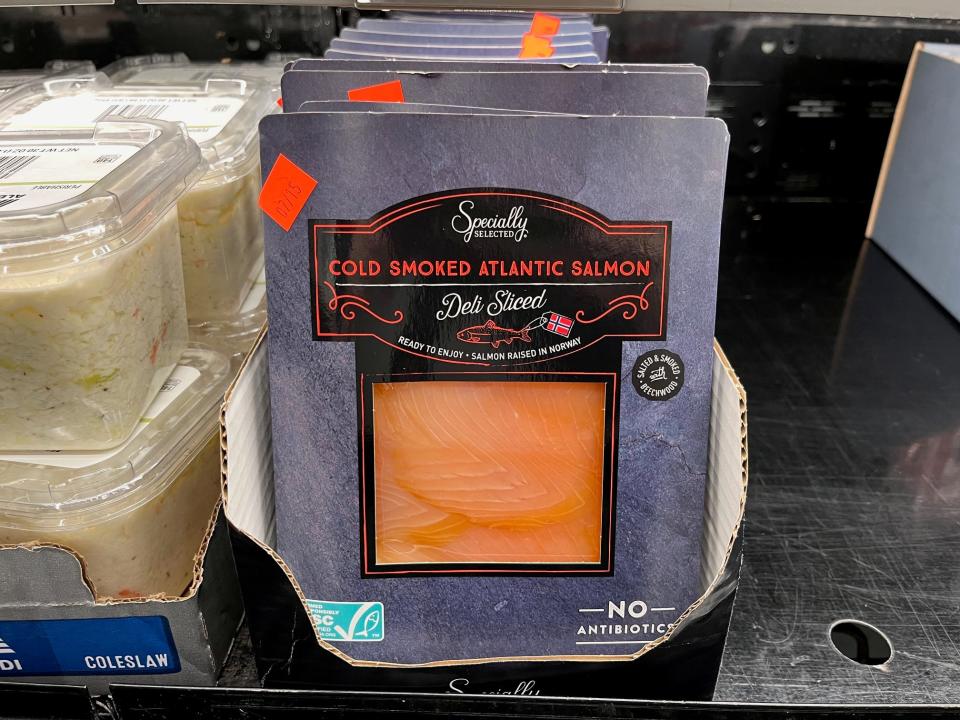 Packaged cold-smoked Atlantic salmon at Aldi.