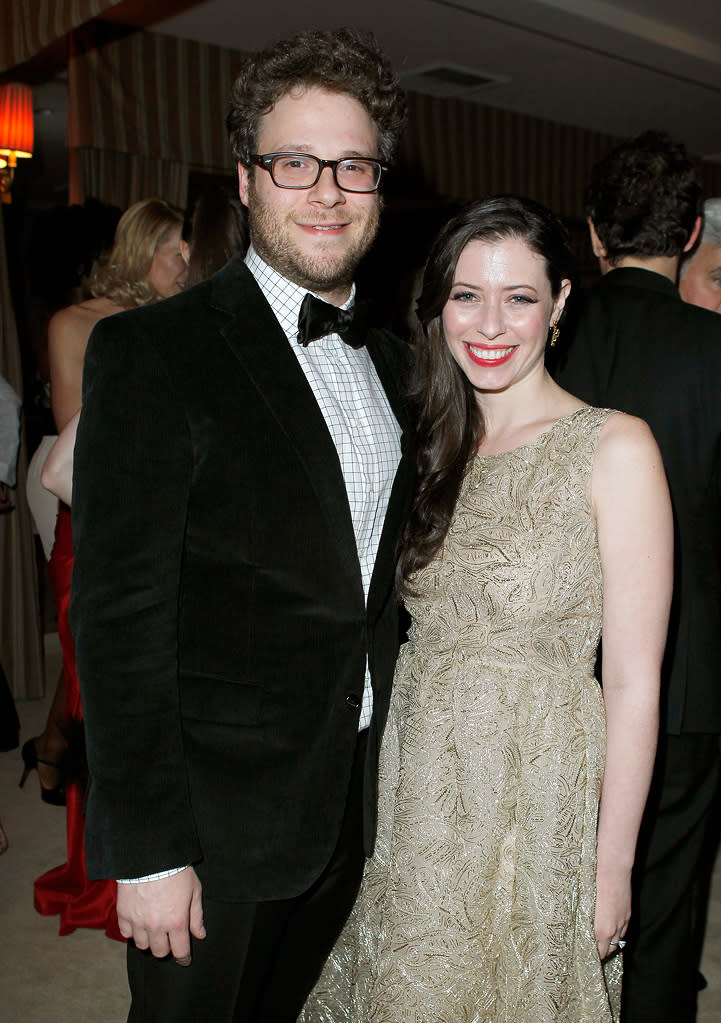 Seth Rogen and Lauren Miller attend the 2012 Vanity Fair Oscar Party in Los Angeles, CA.