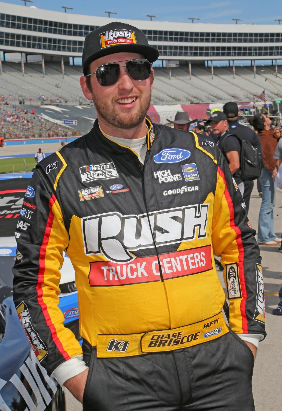 Mitchell's Chase Briscoe sports the Rush Truck Center colors in the pits prior to a recent race. He will race in the NASCAR Cup Series race at Martinsville Speedway Sunday.