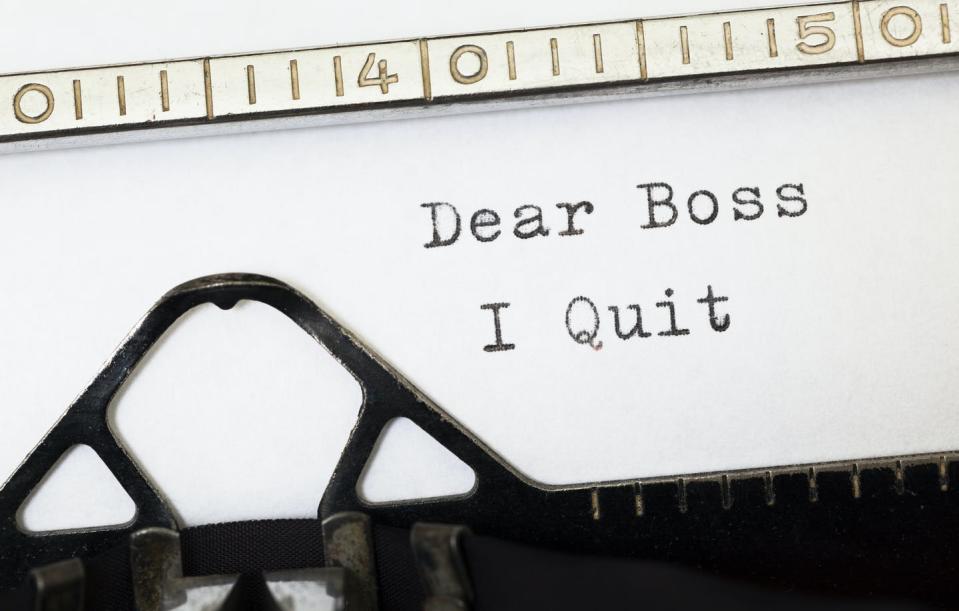 <span class="caption">A record number of Americans are telling their managers, 'I quit.'</span> <span class="attribution"><a class="link " href="https://www.gettyimages.com/detail/photo/dear-boss-i-quit-written-on-old-typewriter-royalty-free-image/466187184" rel="nofollow noopener" target="_blank" data-ylk="slk:labsas/iStock via Getty Images;elm:context_link;itc:0;sec:content-canvas"> labsas/iStock via Getty Images</a></span>