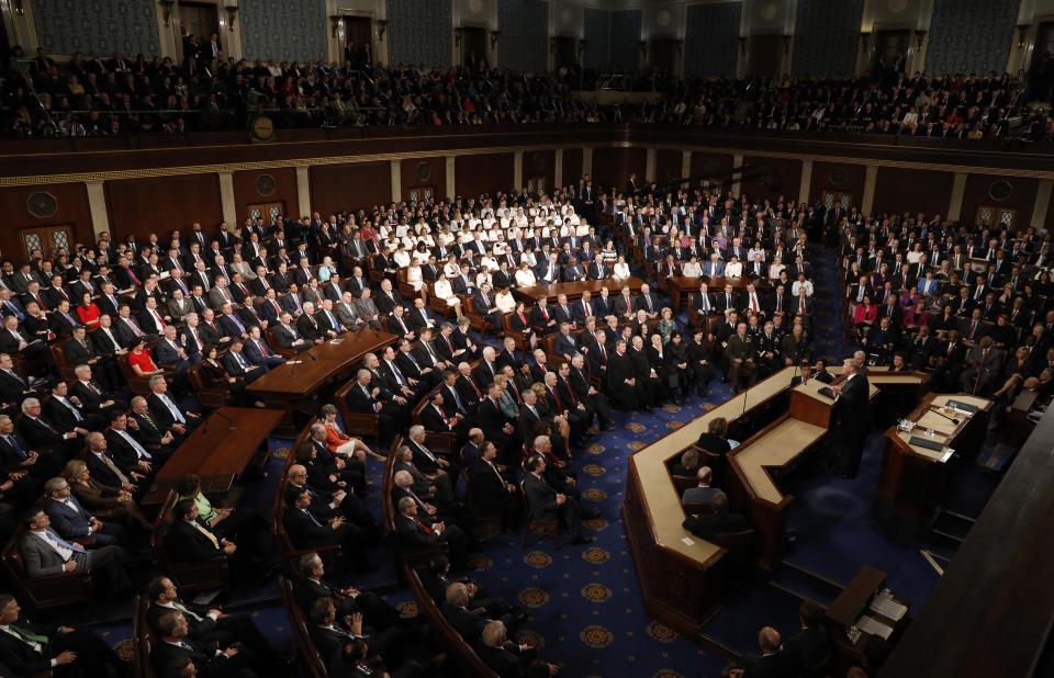 U.S. President Donald Trump speaks during a joint session of Congress.&nbsp;