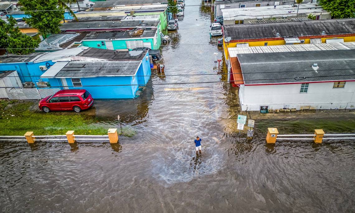 Aerial view of floods affecting West 29th Street and 14th Avenue in Hialeah as torrential downpours inundate South Florida due to a disturbance off Florida’s coast on Thursday, November 16, 2023.