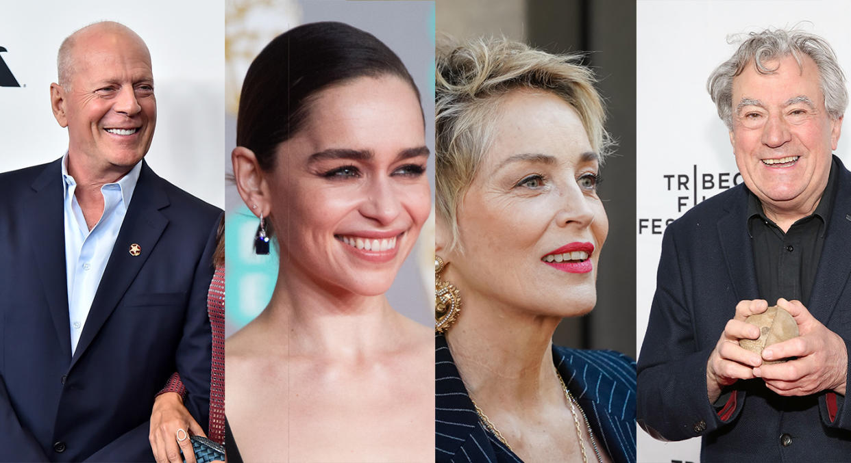 Celebrities with aphasia: Bruce Willis, Emilia Clarke, Sharon Stone, Terry Jones. (Getty Images)