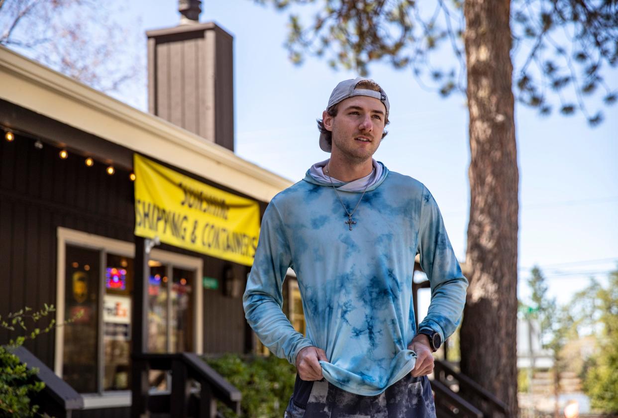 PCT hiker Chandler Dillard of San Diego talks about his time so far on the trail and his feelings going forward in Idyllwild, Calif., Thursday, May 11, 2023. 