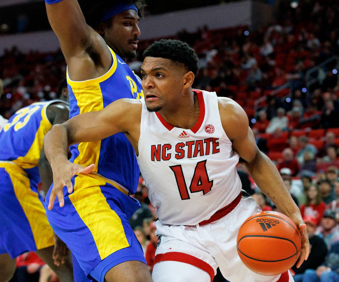N.C. State’s Casey Morsell drives on the baseline during the first half of the Wolfpack’s game against Pittsburgh on Wednesday, Feb. 7, 2024, at PNC Arena in Raleigh, N.C.