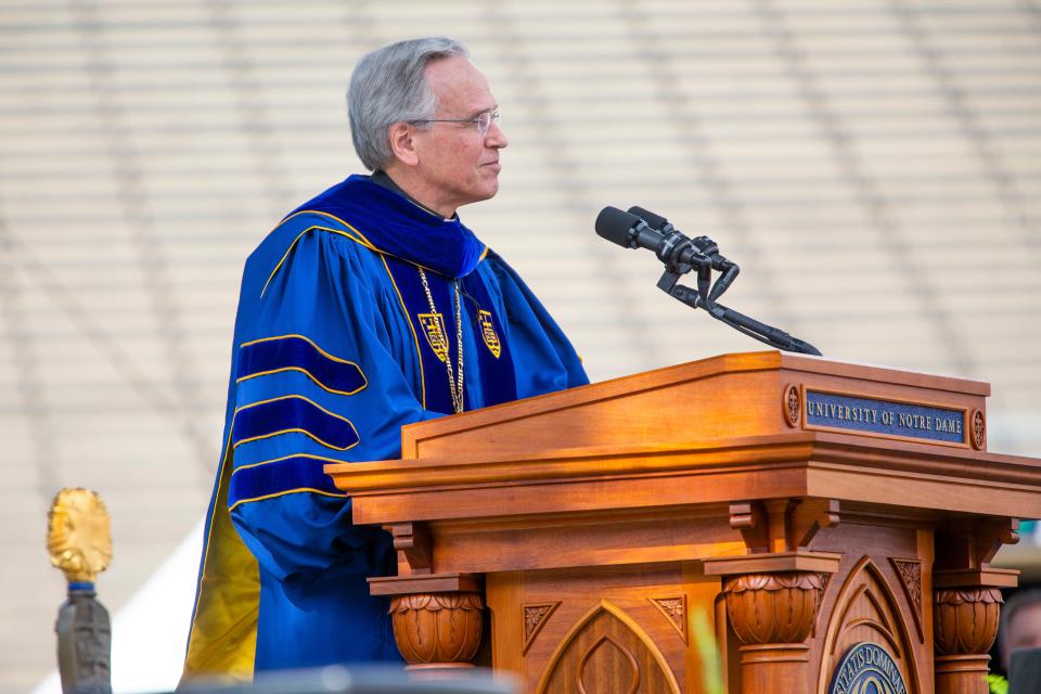 Notre Dame President Rev. John I. Jenkins, C.S.C. addresses graduates during the Notre Dame Commencement ceremony Sunday, May 15, 2022 at Notre Dame Stadium in South Bend. 