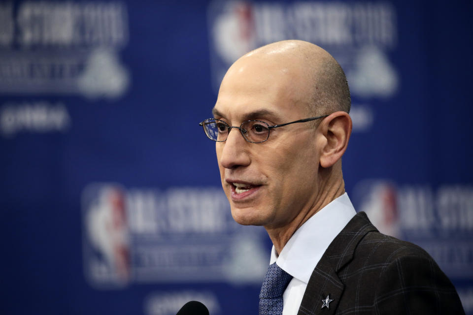 NBA Commissioner Adam Silver speaks during the NBA All-Star festivities, Saturday, Feb. 16, 2019, in Charlotte, N.C. The 68th All-Star game will be played Sunday. (AP Photo/Gerry Broome)