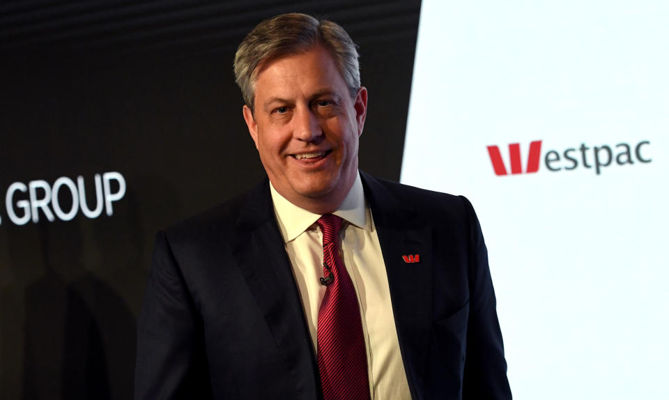 Westpac chief executive officer Brian Hartzer smiles as he leaves a media briefing in Sydney on November 7, 2016. - Australian banking giant Westpac posted a seven percent slide in annual net profit November 7 on the back of market headwinds and impairment charges but said it was well positioned with a strong balance sheet. (Photo by WILLIAM WEST / AFP) (Photo by WILLIAM WEST/AFP via Getty Images)