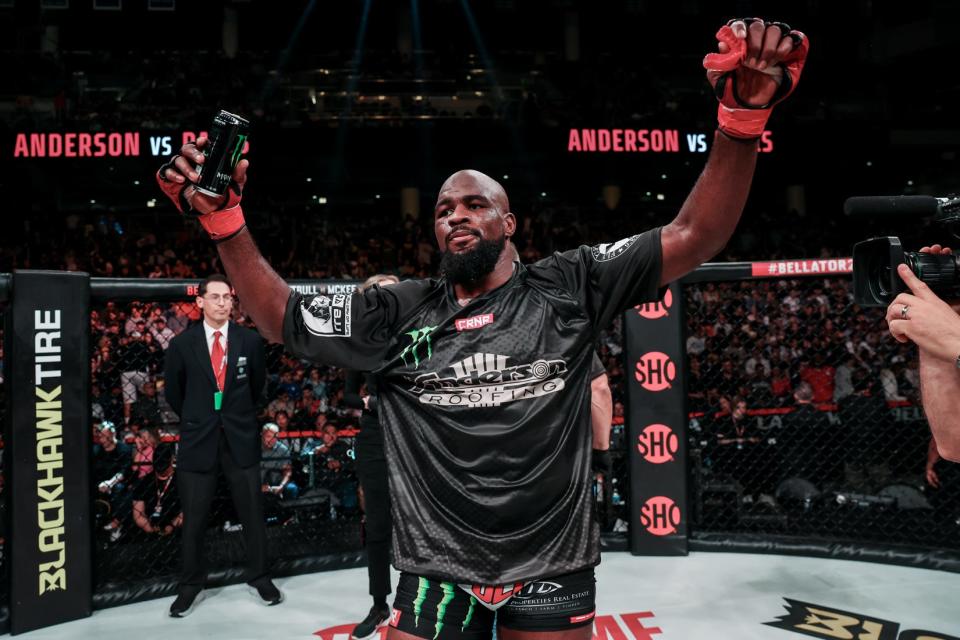 Former Hononegah wrestler Corey Anderson, shown raising his arms after one of his 17 pro MMA victories, will battle for the light heavyweight title in the headline fight of Bellator 302 in Belfast, Northern Ireland, on March 22, 2024.
