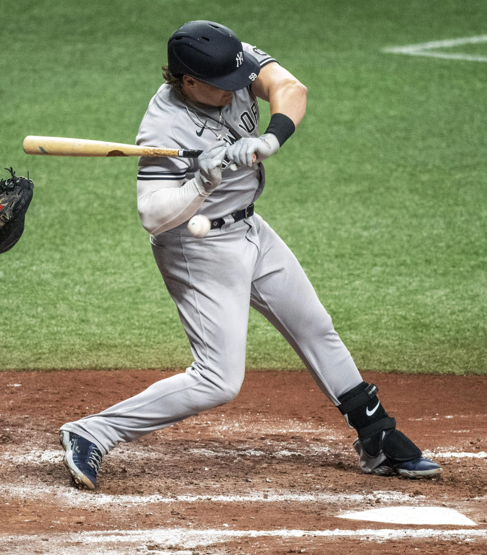 New York Yankees' Luke Voit is hit by a pitch from Tampa Bay Rays starter Luis Patino during the fourth inning of a baseball game Tuesday, May 11, 2021, in St. Petersburg, Fla. (AP Photo/Steve Nesius)