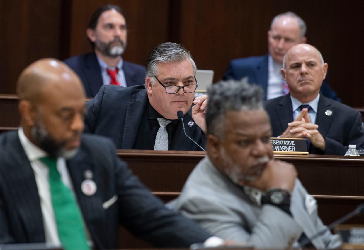 Rep. Todd Warner R- Chapel Hill, questions the Tennessee Education Commissioner Lizzette Reynolds during a House committee meeting where the school voucher bill was debated at Cordell Hull State Office Building in Nashville , Tenn., Wednesday, March 6, 2024.