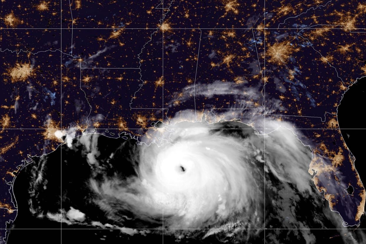 A visible satellite image of Hurricane Ida approaching land in the Gulf of Mexico taken by NOAA's GOES-16 (GOES East) satellite at 4:10 am (EDT) on August 29, 2021.