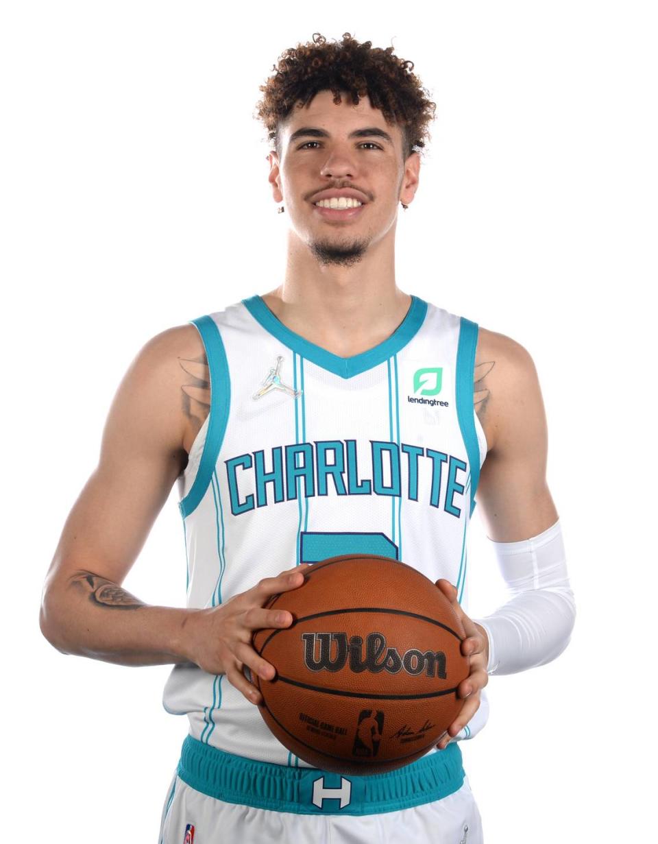 Charlotte Hornets guard LaMelo Ball poses for a portrait during media day on Monday.