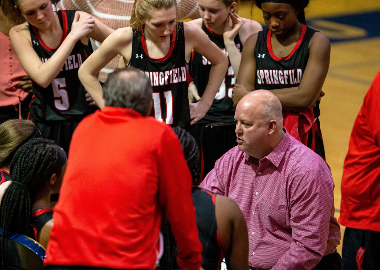 Springfield girls basketball head coach Brad Scheffler talks to his team at the end of the third quarter as the Senators take on Sacred Heart-Griffin in the second half during the Girls City Tournament at Herb Scheffler Gymnasium, Thursday, Jan. 30, 2020, in Springfield, Ill.