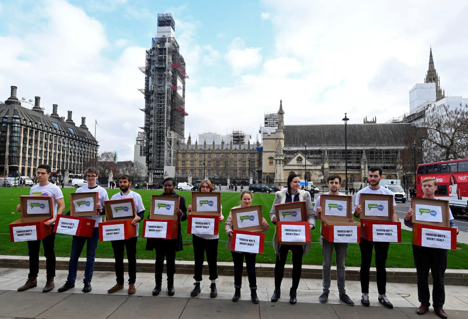People’s Vote members pose in a campaign stunt near the Houses of Parliament in London, Britain, January 14, 2019. Photo: REUTERS/Toby Melville